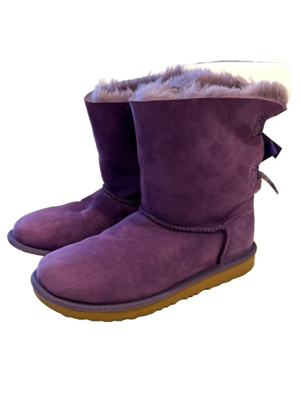UGG Australia Bailey Bow II Purple Sheepskin Suede Mid Calf Boots Womens Size 6